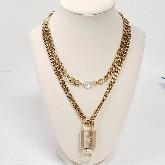 Louis Vuitton Jewelry - Auth Louis Vuitton Lock&Key Gold w/Unbranded Cuban Style Stainless Double Chain